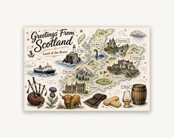 Scotland Doodle Map, Highlands Travel Wall Art Print