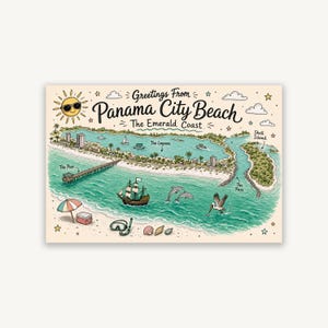 Panama City Beach klotterkarta tryck, handritad Gulf Coast-konst, utskrivbar strandväggdekor, Florida-resa gåva, digital nedladdning