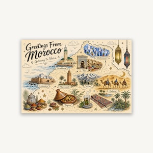 Stampa Doodle Map Marocco, Porta dell'Africa, Mappa Illustrata Marrakech e Chefchaouen, Download Digitale