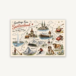 Mapa Ilustrado de Suiza Arte de Pared, Lamina Alpina Matterhorn Jungfrau Lucerna, Poster de Viaje Regalo Suizo Imprimible