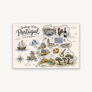 ポルトガル地図ポストカードプリント、風変わりな旅行ウォールアート、印刷可能な旅行装飾、故郷への引っ越しギフト、即時デジタルダウンロード