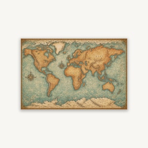 Pode incluir: Um mapa-múndi retangular com estética vintage, apresentando massas de terra em tom castanho e oceanos em tom azul-petróleo. O mapa inclui continentes e oceanos rotulados, além de duas rosas dos ventos decorativas dentro de uma borda castanha.