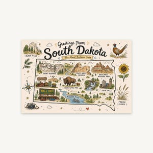 South Dakota Postal Doodle Mapa, Poster de Viagem Imprimivel, Arte de Parede Estado EUA, Presente de Mudanca, Download Digital Instantaneo