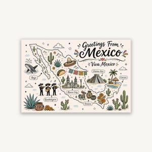 Mapa Doodle de Mexico, Lamina de Viaje, Poster Arte de Pared, Viva Mexico