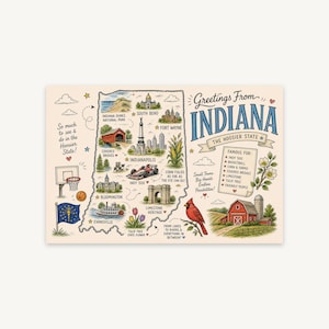 Pocztówka z mapą Indiana Doodle, sztuka ścienna stanu Hoosier w Indianapolis
