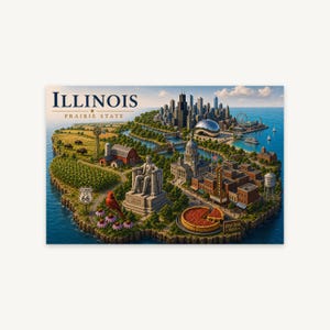 Puede incluir: Una ilustración detallada de Illinois, el Prairie State, que muestra un paisaje urbano, una granja con un granero rojo, una estatua de Lincoln, una señal de la Ruta 66, un cardenal y una pizza deep dish. El texto Illinois y Prairie State está arriba.