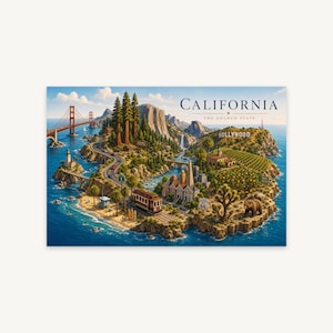 Puede incluir: Una impresión artística rectangular titulada CALIFORNIA THE GOLDEN STATE que muestra un mapa ilustrado de puntos de referencia de California, incluyendo el puente Golden Gate, un teleférico, el letrero de Hollywood y un oso pardo.