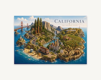 California Map Wall Art, Illustrated State Icons Print