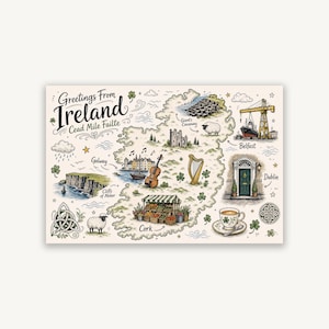 Mapa Doodle de Irlanda, Lamina de Viaje, Poster Arte de Pared, Isla Esmeralda