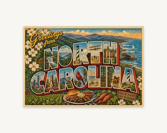 North Carolina Vintage hälsningar från tryck, retro Tar Heel State stor bokstav väggkonst, utskrivbar reseaffisch, digital nedladdning