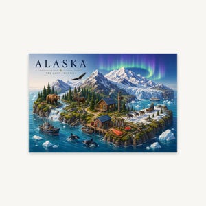 May include: A landscape print titled ALASKA THE LAST FRONTIER featuring snow-capped mountains, a cabin, a totem pole, a brown bear, a moose, orcas, a fishing boat, and a dog sled team under a vibrant purple and green aurora borealis sky.