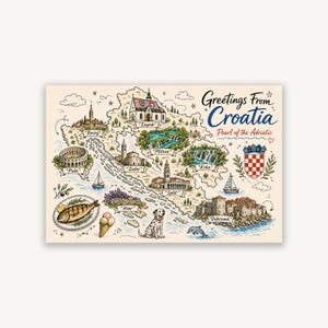 Croatia Doodle Map Postcard Print, Hand Drawn Country Map Art, Printable Travel Decor, Adriatic Holiday Gift, Instant Digital Download