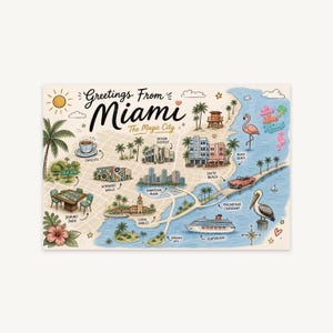 May include: A rectangular illustrated map print titled Greetings From Miami The Magic City. The artwork features landmarks like Wynwood Walls, Coral Gables, and South Beach, with icons of a flamingo, a pelican, a cruise ship, and a vintage car.