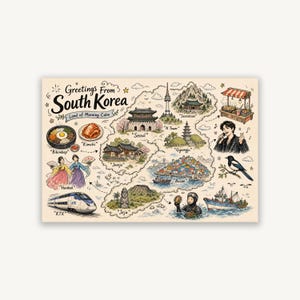 Puede incluir: Una impresión rectangular titulada Greetings From South Korea Land of Morning Calm que presenta un mapa dibujado a mano con ilustraciones de Seúl, N Tower, Seoraksan, Gyeongju, Jeonju, Busan y Jeju. Incluye representaciones de KTX, Hanbok, Kimchi, Bibimbap, un cantante, un buceador y una urraca.