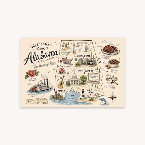Alabama Doodle Map Postcard Print, Whimsical State Wall Art, Printable Travel Decor, Southern Hometown Gift, Digital Download