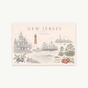New Jersey Postal Arte Lineal Poster, Lamina Minimalista de Viaje, Arte de Pared Imprimible, Descarga Digital
