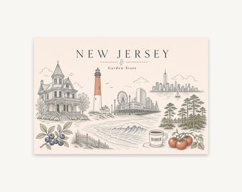 New Jersey Line Art Postcard Print, Minimalist Garden State Wall Art, Printable Scenic Travel Poster, Moving Away Gift Digital Download