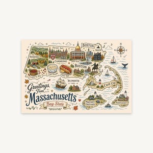 Massachusetts Doodle Map Wall Art, Boston and Cape Cod Travel Print
