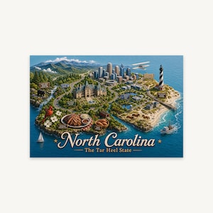 North Carolina Carte Mini Monde, Affiche Illustree