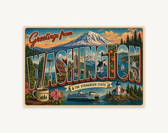 Washington Greetings From Wall Art, Retro Large Letter Postcard, Evergreen State, Seattle Skyline, Mount Rainier, Ferry, Lighthouse