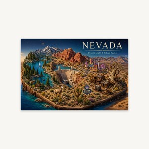 以下が含まれることがあります： NEVADA Desert Light & Silver Peaksと題された長方形のプリント。湖、ダム、ビッグホーンシープ、砂漠の植物、都市のスカイライン、素朴な建物が描かれた様式化された風景で、星空の下にSILVER STATEというテキストが記されています。