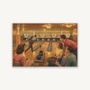 May include: A vintage illustration of a bowling alley featuring a person in a blue shirt and brown trousers throwing a ball down a wooden lane. Three people sit nearby at a table, holding glass bottles, while bowling pins stand in the distance.