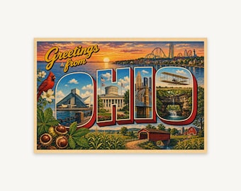 Ohio Retro Postcard Print, Buckeye State Vintage Wall Art, Greetings From Large Letter Decor, Hometown Gift, Digital Download
