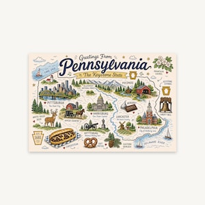 Mapa ilustrado de Pennsylvania: Philadelphia, Pittsburgh, Hershey, Amish Country, descarga digital
