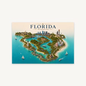 May include: A rectangular print featuring an illustrated map of Florida, labeled FLORIDA The Sunshine State. The artwork depicts a lush island landscape surrounded by blue water, including lighthouses, a city skyline, a space shuttle, sailboats, and local wildlife like a manatee and alligator.