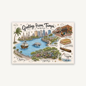May include: A rectangular postcard titled Greetings From Tampa The Big Guava featuring a colorful illustrated map of Tampa landmarks including a pirate ship, a manatee, the Riverwalk, Ybor City, a Cuban sandwich, a cigar, and an ibis bird.
