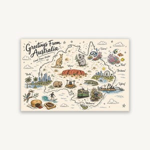 Pode incluir: Uma impressão retangular com um mapa da Austrália e o texto Greetings From Australia Land Down Under. A ilustração inclui um canguru, um coala, um vombate, um crocodilo, um kookaburra, Uluru, a Ópera de Sydney e vários alimentos.