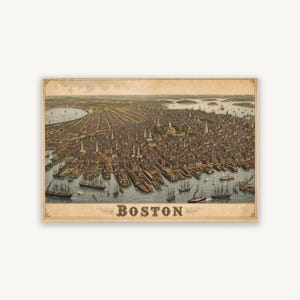 May include: A vintage-style panoramic bird's-eye view print of Boston, Massachusetts. The sepia-toned illustration depicts the city harbor filled with sailing ships and steamships, dense urban architecture, and the text BOSTON at the bottom.