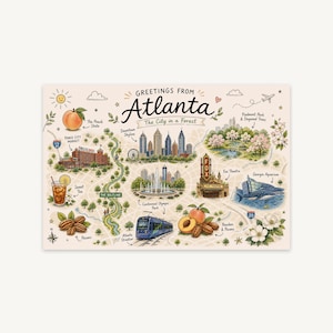 May include: A colorful illustrated map print titled Greetings From Atlanta The City in a Forest featuring landmarks like the downtown skyline, Fox Theatre, Georgia Aquarium, Ponce City Market, Centennial Olympic Park, and the Atlanta Streetcar.