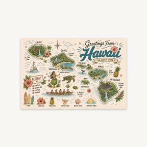 Hawaii Doodle Map Postcard, Whimsical Island Travel Wall Art