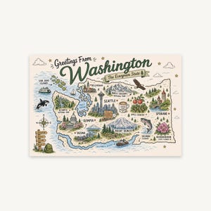 Washington State Map Print: Seattle, Mount Rainier, Orca, Rhododendron – Evergreen State Art