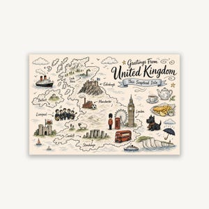 Pode incluir: Uma impressão retangular com um mapa ilustrado do Reino Unido e o texto Greetings From United Kingdom This Sceptred Isle. O mapa inclui desenhos de monumentos, um navio, um bule, fish and chips e um terrier escocês.