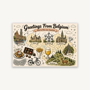 以下が含まれることがあります： Greetings From Belgium Heart of the Low Countriesというタイトルの長方形のプリント。ブルージュ、ゲント、ブリュッセル、アントワープ、リエージュのイラストが描かれた地図に、ワッフル、チョコレート、フライドポテト、ビール、自転車、鹿のイラストが添えられています。