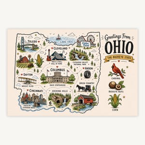 Pode incluir: Um mapa ilustrado de cor creme de Ohio intitulado Greetings From OHIO THE BUCKEYE STATE. Apresenta marcos como o Rock & Roll Hall of Fame, o Ohio Statehouse e a ponte suspensa Roebling, além de um cardeal, castanhas e espigas de milho.