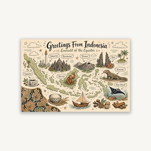 Op de afbeelding: Een rechthoekige print getiteld Greetings From Indonesia Emerald of the Equator met een kaart van Indonesië met illustraties van Jakarta, Borobudur, Bromo, Bali, Sumatra, Borneo, Komodo en Raja Ampat, en een traditioneel batikpatroon.