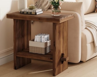Solid Wood 2-Tier Side Table, Storage Bedside Nightstand