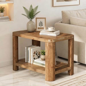 May include: A rectangular wooden side table with four thick legs and a lower shelf. The top surface holds a light-coloured vase with a green plant, a framed botanical print, and a stack of books with a white coffee cup. More books sit below.