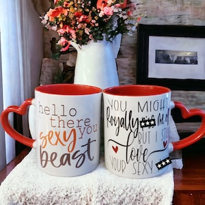 Funny Couples Mugs, Couples Mug Set, Couples Gifts, Flirty Gifts for Him, Couples Heart Handle Mug Set, Coffee Cup, His and Her Coffee Cups