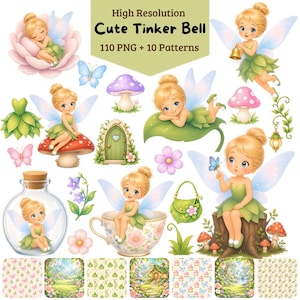 May include: A digital collection of Tinker Bell fairy illustrations featuring blonde fairies with translucent wings in green dresses, mushrooms, flowers, a small door, a glass jar, a teacup, a green purse, and various nature-themed patterns.