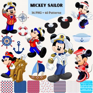 Könnte beinhalten: Eine digitale Sammlung mit dem Titel MICKEY SAILOR 36 PNG + 40 Patterns mit verschiedenen Illustrationen von Mickey und Minnie Mouse in nautischer Kleidung, darunter Matrosenmützen, Uniformen, ein Steuerrad, ein Anker und ein Segelboot.