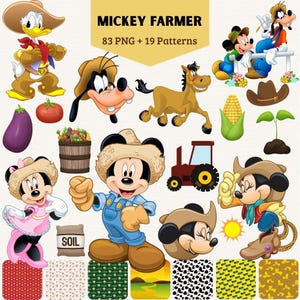 May include: A digital collection of Mickey Farmer graphics featuring cartoon characters in farm attire, including Donald Duck, Goofy, and Mickey Mouse. The set includes 83 PNG files, 19 patterns, a tractor, vegetables, a horse, and soil bags.