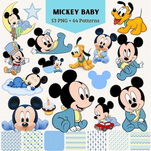 Pode incluir: Uma coleção digital de gráficos Mickey Baby com 53 imagens PNG e 64 padrões. O conjunto inclui ilustrações do bebé Mickey Mouse com roupas azuis, Pluto, um cupcake e vários padrões geométricos e de bolinhas em tons de azul.