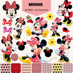 Pode incluir: Uma coleção digital apresentando a Minnie Mouse em várias poses, vestindo um vestido e laço de bolinhas vermelhas e brancas, sapatos amarelos e luvas brancas. O conjunto inclui 85 imagens PNG, 46 padrões e ícones de flores amarelas com o texto MINNIE 85 PNG + 46 Patterns.