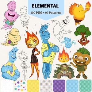 Puede incluir: Una colección digital titulada ELEMENTAL que incluye 100 archivos PNG y 07 patrones. La imagen muestra varios personajes de dibujos animados que representan elementos de fuego, agua, tierra y aire en color y línea, junto a siete patrones de lunares.