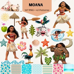 Pode incluir: Uma coleção digital de gráficos com o tema Moana, apresentando personagens como Moana, Maui, o porquinho Pua e o galo Heihei, além de elementos tropicais como palmeiras, flores de hibisco, conchas, estrelas-do-mar e padrões de ondas.