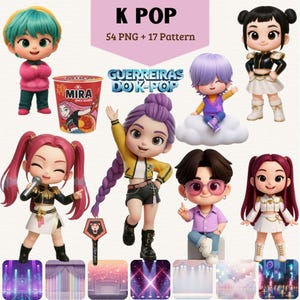 Peut inclure: Une collection numérique comprenant le texte K POP 54 PNG + 17 Pattern, sept figurines de style chibi aux cheveux et tenues variés, une tasse MIRA SPICE QUEEN, un logo GUERREIRAS DO K-POP, un bâton lumineux et six panneaux de fond de scène.